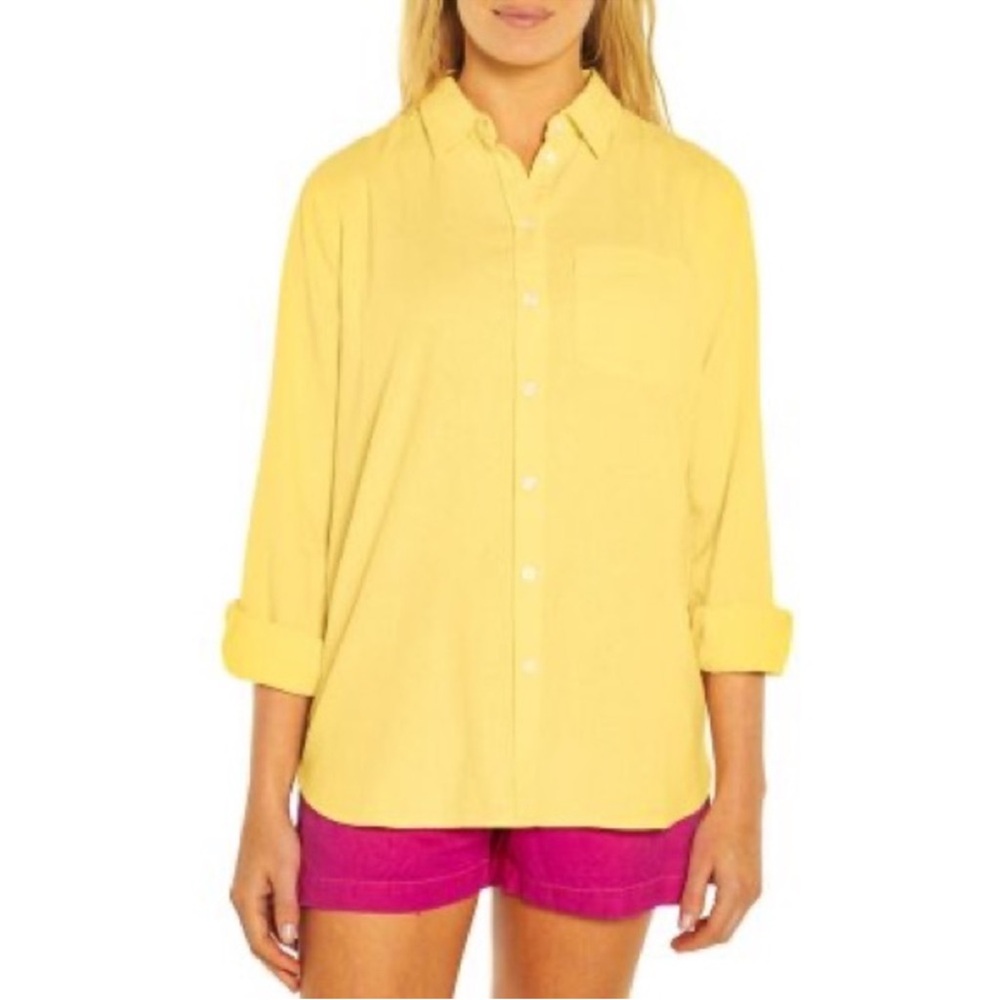 Gap Yellow Solid Linen Blend Button Down Collar L… - image 2